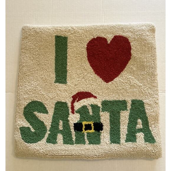 Peking Handicraft I LOVE SANTA Pillow Wool Hooked 18" x 18" Christmas Holiday - Picture 2 of 11